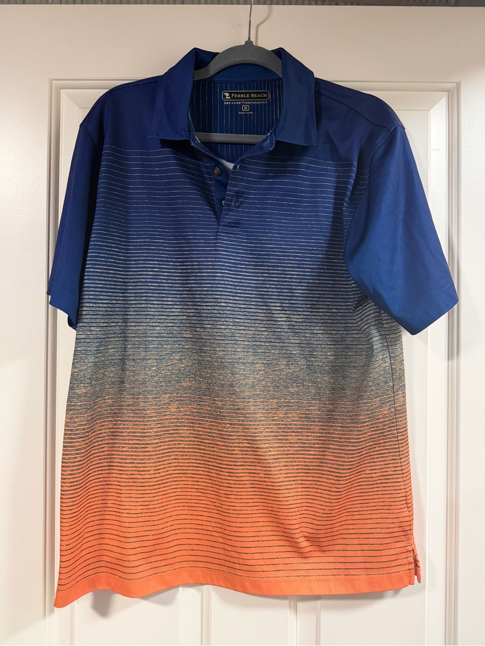 Pebble Beach Men’s Medium Golf Polo Dry-Luxe Performance Blue Orange Stripe